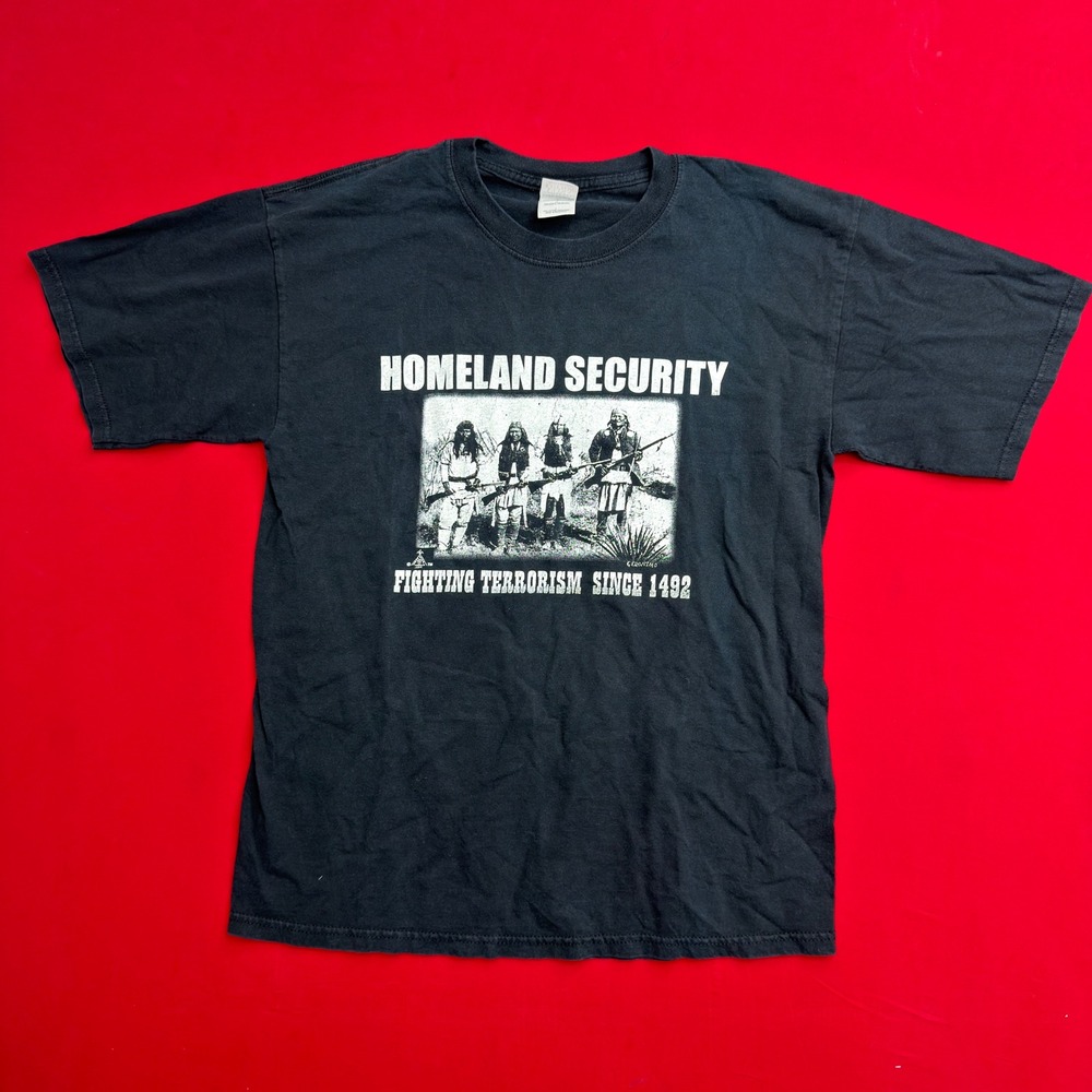 VTG Homeland Security Fighting Terrorism 1492 Native American Shirt L Black